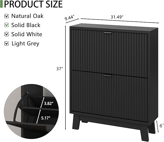 Shoe Cabinet with 2 Flip Drawers, 37" Tall Narrow Fluted Shoe Storage Organizer for Entryway, Hidden Slim Wooden Shoe Rack Cabinet for Front Door Entrance, Hallway, Living Room, Solid Black