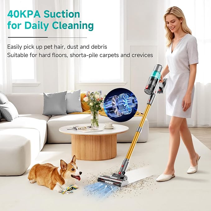 Clinkal Cordless Vacuum Cleaner: 40KPA Powerful Suction Cordless Stick Vacuum Cleaners for Home, Anti-Tangle Brush, Lightweight, 6-in-1 Rechargeable Vacuum for Pet Hair/Carpet/Hard Floor(Green)