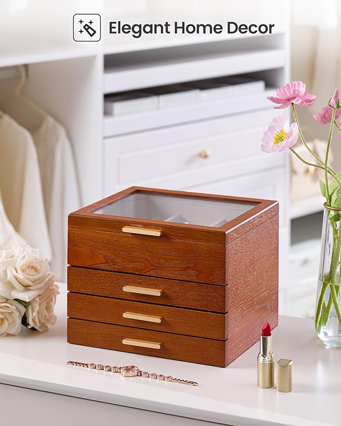 Lolalet Jewelry Box, Clear Window Wood Grain Jewelry Storage for Earrings Bracelets Necklaces Rings, High Capacity Organizer for Women -Cherrywood, 4 Layers