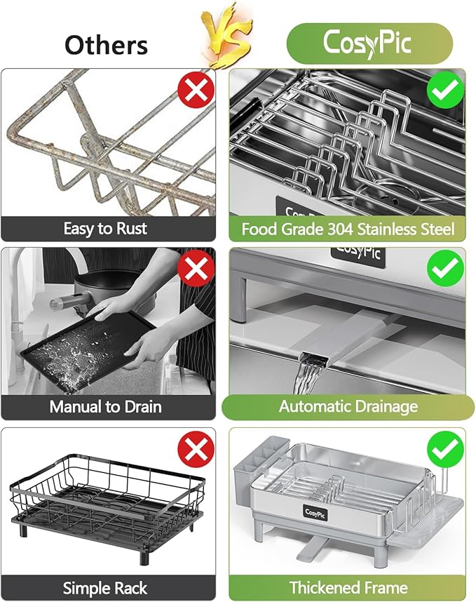 CosyPic Dish Racks, Thicker Premium 304 Stainless Steel Dish Drying Rack for Kitchen Counter, Automatic Drainage Spout, Dish Drainer & Drainboard Set with Utensil Holder and Cup Holder, Grey