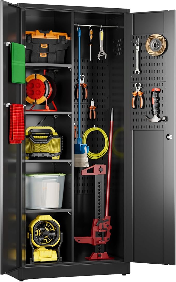 33.93 in Wide Garage Storage Cabinet, Metal Storage Cabinet with Pegboards and 4 Adjustable Shelves, Garage Storage System with Lockable Door for Offices, Gyms and Pantries, Black