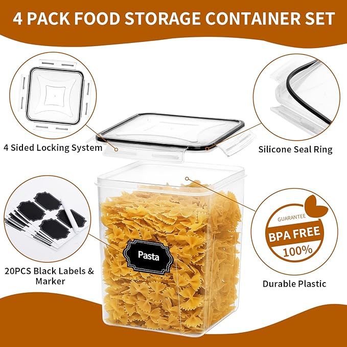 HKJ Chef 4 Pack Large Airtight Food Storage Containers with Lids (5.2L / 176oz), BPA Free Plastic Kitchen and Pantry Organization Contianers for Cereal Flour and Sugar Storage, Labels & Marker