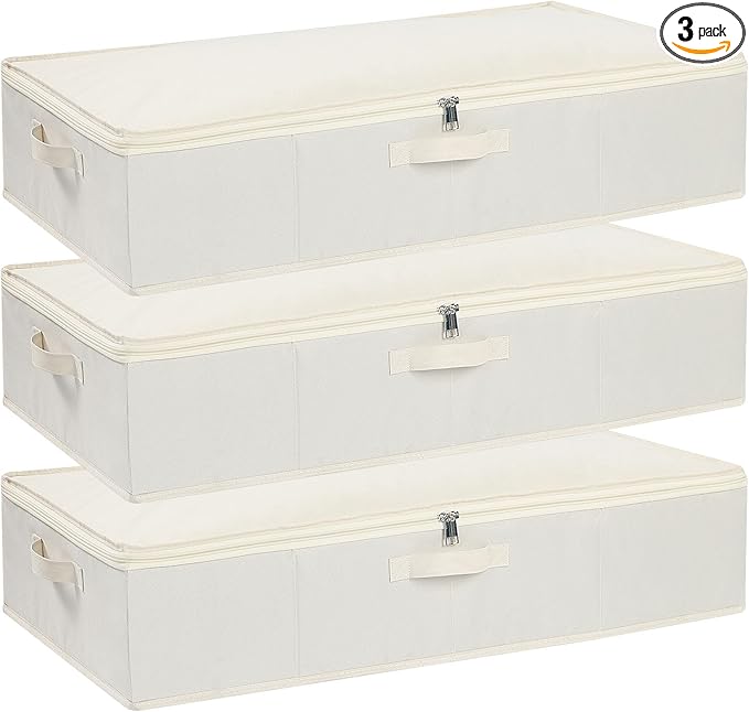 YheenLf Clothes Organizers, Under Bed Storage Containers, Storage Bins With Lids and Reinforced Handles, Beige, 3 Pack, 23.6 x 11.8 x 5.9 Inch
