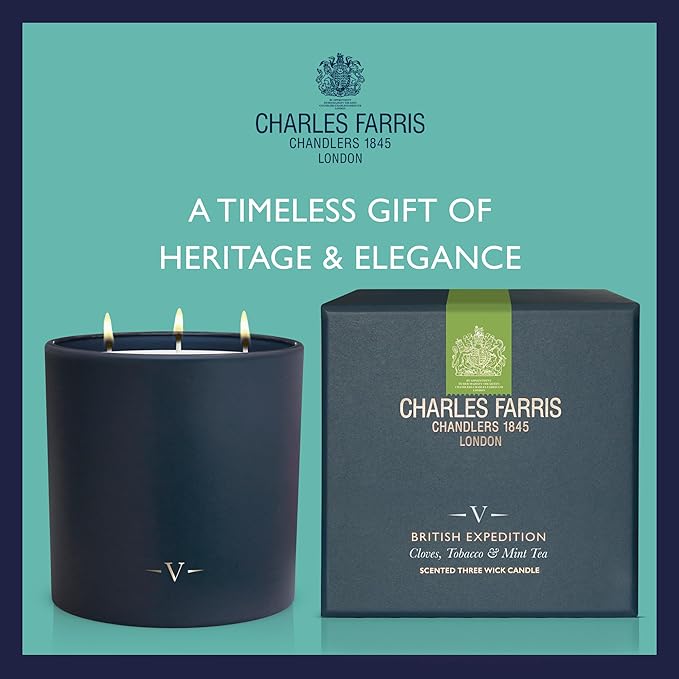 Charles Farris Luxury Scented Candle – 3 Wick, Hand-Poured, Long Lasting, Clean Burning, 640g / 22.5oz, Up to 80 Hours of Burn Time, Made in England – Cloves, Tobacco & Mint Tea – British Expedition