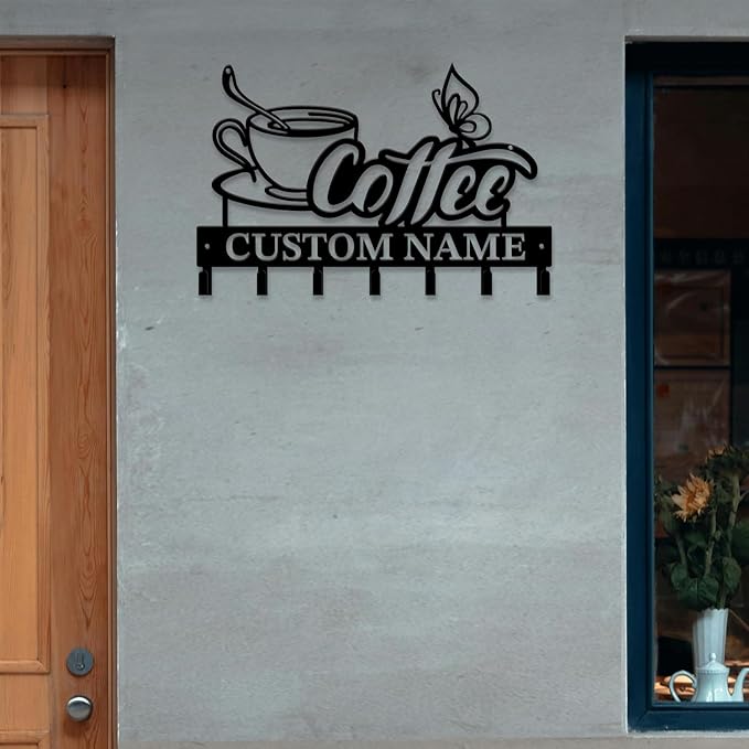 Personalized Custom Name Coffee Bar Wall Keys Hooks,Metal Coffee Shop Art Clothes Hooks,Metal Coffee Lover Wall Home Storage Decorative,For Front Door, Hallway, Kitchen, Bedroom,Keys,Hats (Style G)