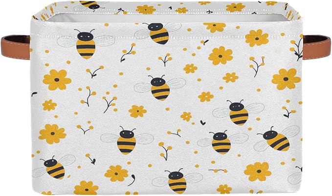 Bee Storage Basket for Shelves, Storage Bins with Handles, Collapsible Basket for Organizing, Closet Toy Baskets for Nursery Room, 15x11x9.5 in, Canvas, Yellow Bee