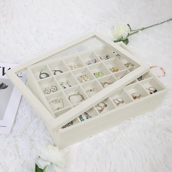Wudygirl Jewelry Organizer Set of 4 Jewelry Box Velvet Jewelry Tray Jewelry Drawer Organizer Inserts Bracelet Necklace Organizer Ring Holder with Clear Lid for Women Girls Stackable (Beige)