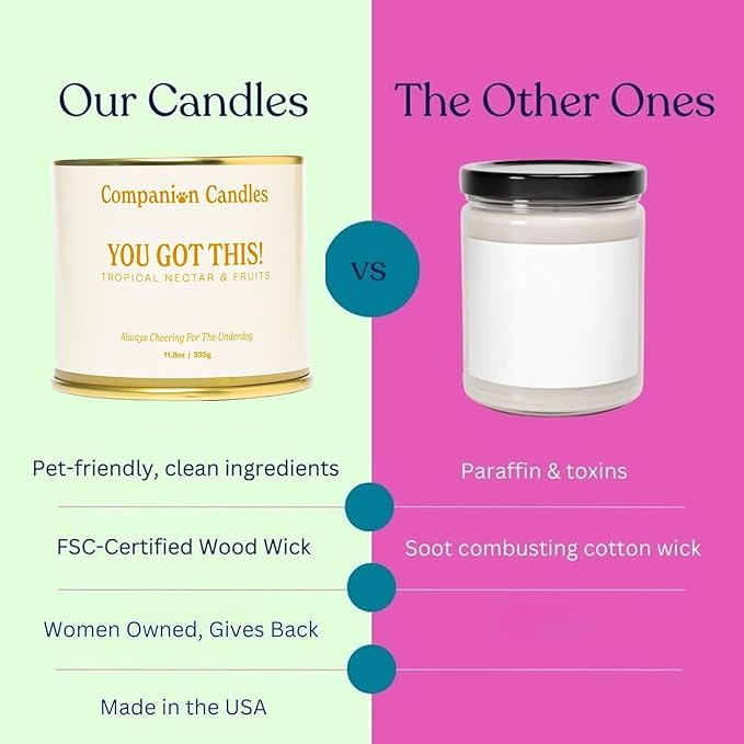 Companion Candles Pet Safe Wood Wick Candle - “You Got This!” Citrus & Tropical Fruits, Coconut Soy Wax Scented, Over 50 Hr Burn Time, Non-Toxic, Women-Owned, Made in USA (11.8 oz.)