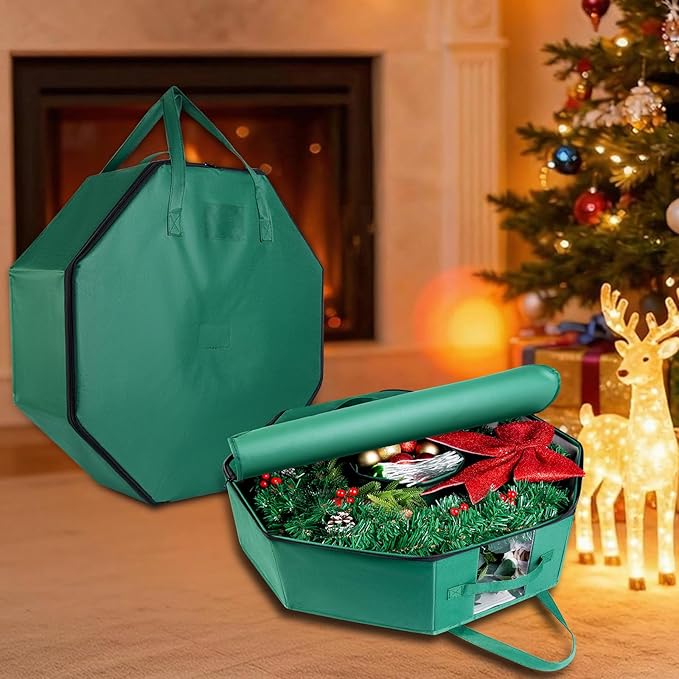 2 Pack Wreath Storage Christmas Garlands Bag with Interior Pockets Large Xmas Container Box for Holiday Decorations Case with Dual Zipper and Handles Window Labeling Card Slot 24" Green