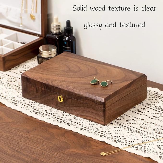 Bescott 1 Layer Solid Black Walnut Wooden Jewelry Box for Women with Lock and Key Wood Vintage Organizer for Men Earrings Rings Necklaces Bracelet Storage Mother's Day Gift