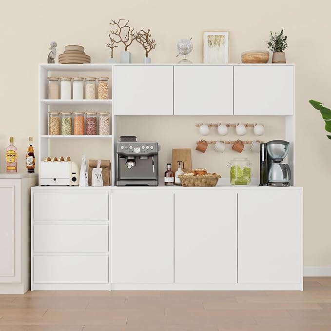 Large Kitchen Hutch Cabinet with Microwave Stand, Storage Cupboard Pantry with 3-Tier External Shelves and 3 Drawers, Ktichen Food Pantry with Open Countertop for Dining Room, White