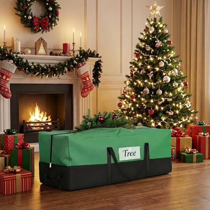Christmas Tree Storage Bag - Fits Up 8 Ft Tall Artificial Trees - Heavy Duty Holiday Storage bag with Durable Reinforced Handles & Zipper & Transparent Pocket - 600D Oxford Container, Green