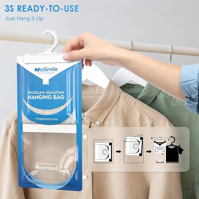 Moisture Absorbers 20 Pack Fragrance Free, Hanging Closet Dehumidifier Bags, Humidity Absorber, Compact Eliminates Odors Humidity Packs for Car, Bathroom, Bedroom, Basement, 9.8OZ