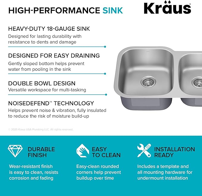 KRAUS Premier 32-inch Undermount 60/40 Double Bowl with Low Divider 18-Gauge Stainless Steel Kitchen Sink with Strainers (x2), KBU24