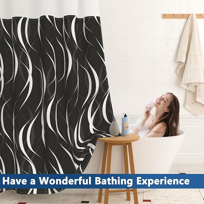 No Hook Black and White Striped Shower Curtain with Liner, Abstract Modern Minimalist Geometric Decor Bathroom Curtains, Hotel Style Waterproof Fabric Shower Curtain with Top Sheer Window, 71x74 Inch