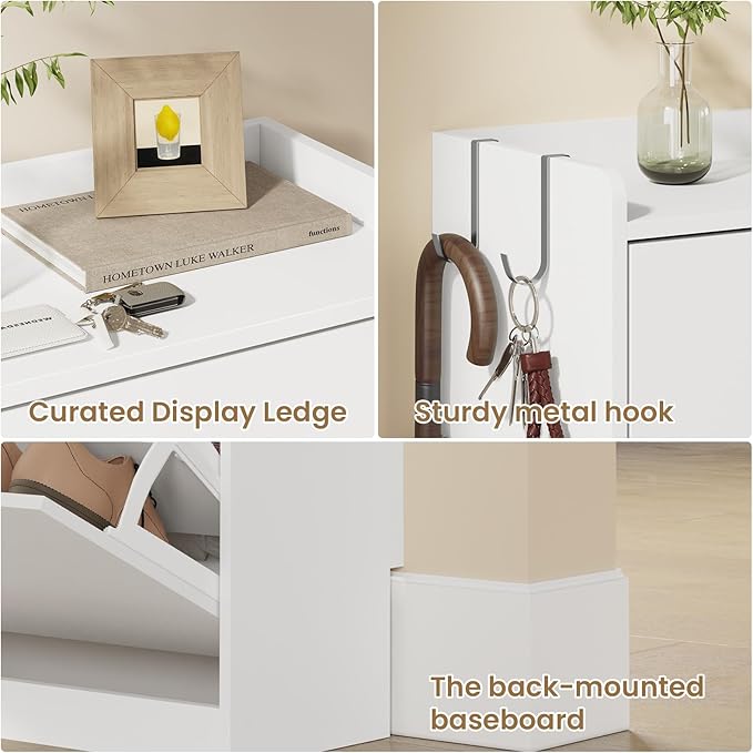 Shoe Cabinet Organizer with 3 Flip Drawers & 3-Tier Adjustable Shelves, Freestanding Shoe Rack Cabinet, Narrow Shoe Storage for Entryway, Foyer, Hallway, White, 23.6" W × 9.4" D × 47.2" H