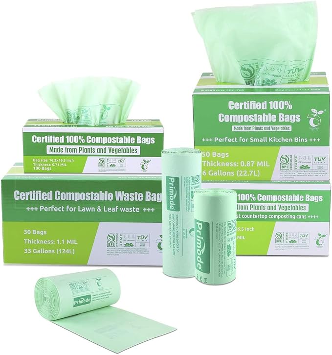 Compost Bags, Compostable Trash Bags 3 Gallon Compostable Bags 200 Count Small Compost Bags for Countertop bin Extra Thick 0.71 Mil. ASTM D6400 Certified By BPI and TÜV AUSTRIA (3 Gallon, 200 Units)