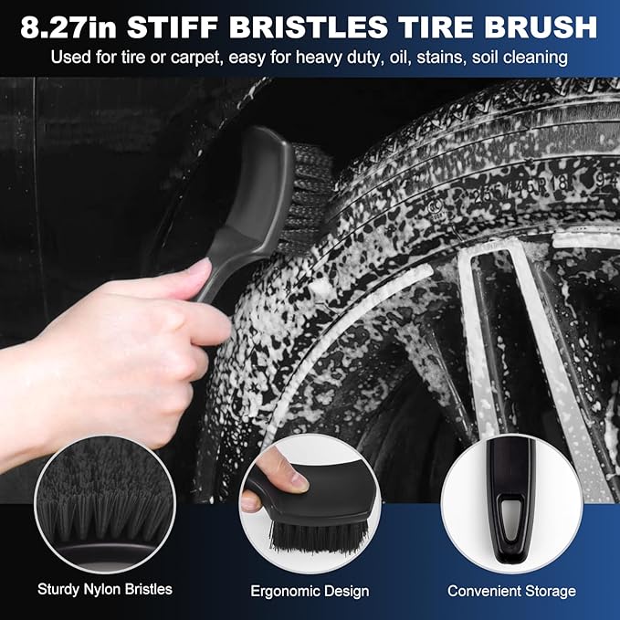 Car Wheel & Tire Brush Set, Wheel Cleaner Brush, Soft & Stiff Bristle Cleaning Brush, Wheel Brushes for Cleaning Wheels, Rim Brush for Car Body Exterior Surface, Carpet, Truck, SUV, RV, Motorcycle