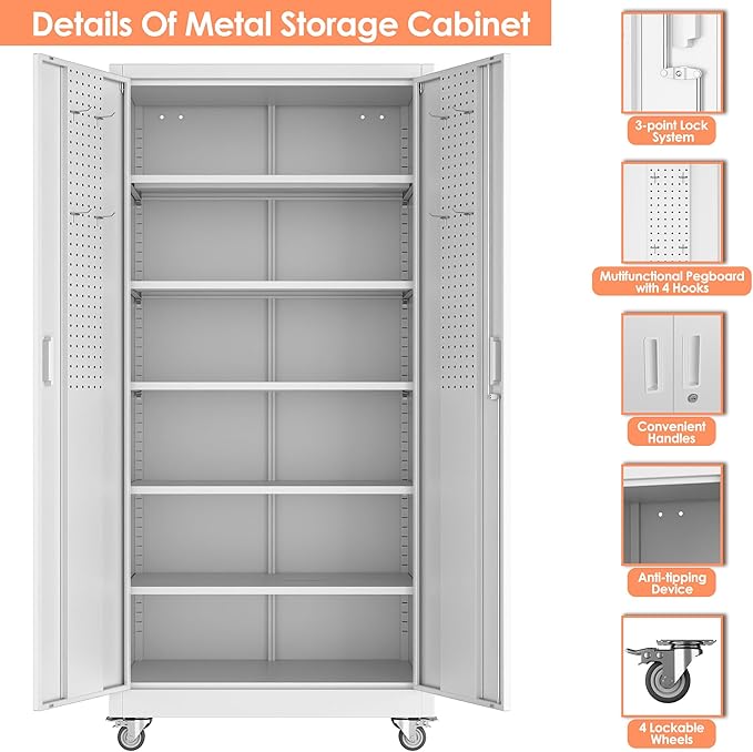 Metal Storage Cabinet with Pegboard,71" H Gargage Storage Cabinet with Whees,Doors and Shelves for Garage,Home Office,Required Assembly,White