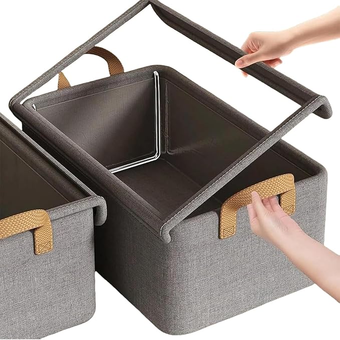 4PCS Foldable Storage Box with Lid - Extra Large Fabric Closet Organizer for Clothes, 18.5x11x7.9 Inch Canvas Bin, Collapsible Design for Bedroom, Shelf, Closet, Underbed (Grey)