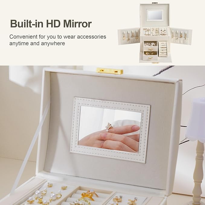 CASEGRACE Jewelry Box Organizer for Women Girls, Three Layer Jewelry Storage Box with Mirror PU Leather Jewelry Display Case for for Bracelets, Earrings, Rings, Necklaces,White
