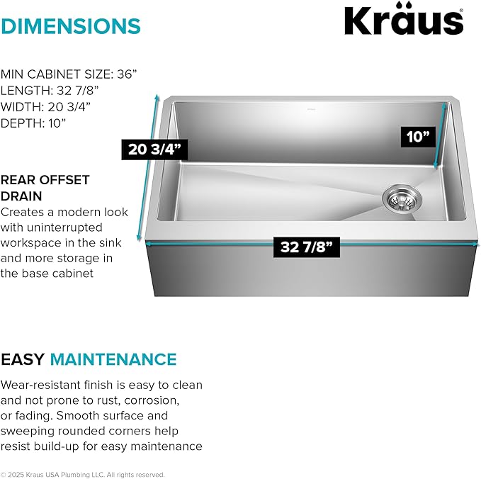 KRAUS Standart Pro 33-Inch Flat Apron Front Farmhouse 16-Gauge Single Bowl Stainless Steel Kitchen Sink, KHF410-33