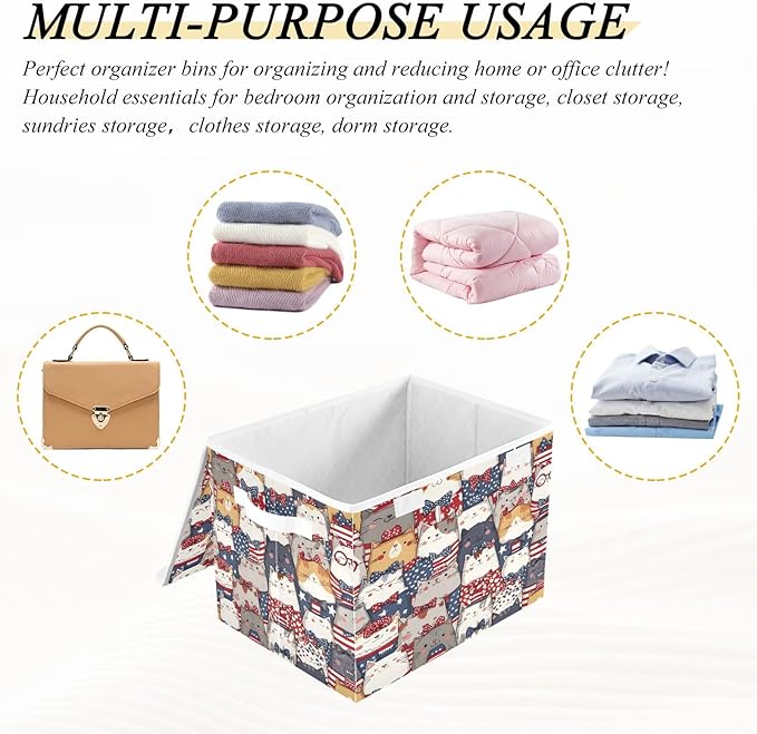 Bolaz Storage Bins with Lids and Handles,National Flag Cat Pattern Storage Box Basket with Cover Collapsible Organizer Containers for Home Closet, Shelves