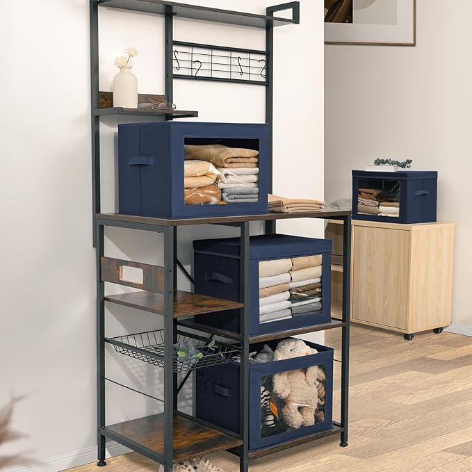 Stackable Storage Bins with Lids - Large Storage Box with Lids, Foldable Closet Boxes for Organizing, Wardrobe Clothes Organizer with Window, Cubes Bins for Living Room, 4 Pack, Navy Blue
