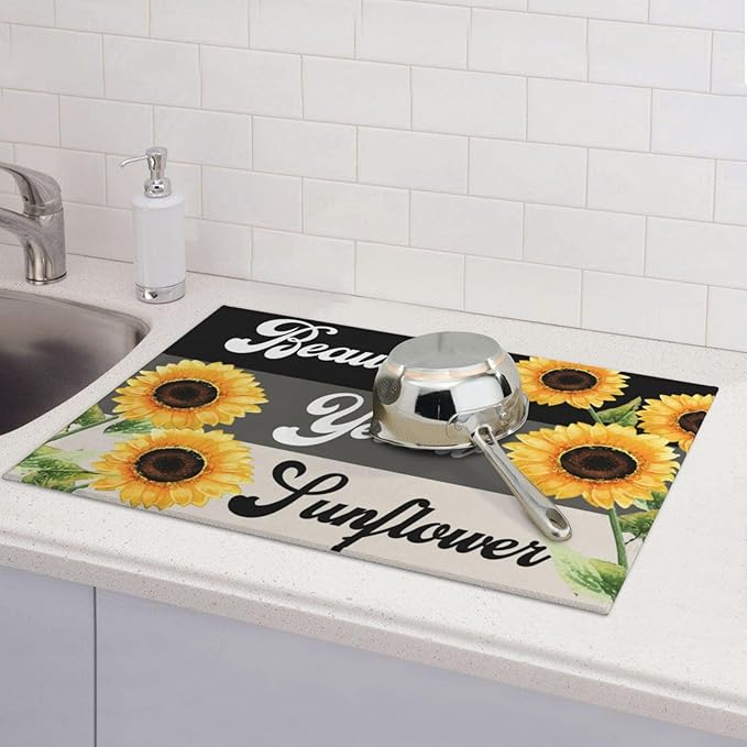 Sunflower Flower Dish Drying Mat 18x24 For Kitchen Counter Absorbent Microfiber Dishes Pad Dish Drainer Rack Mats Fast Dry Kitchen Accessories