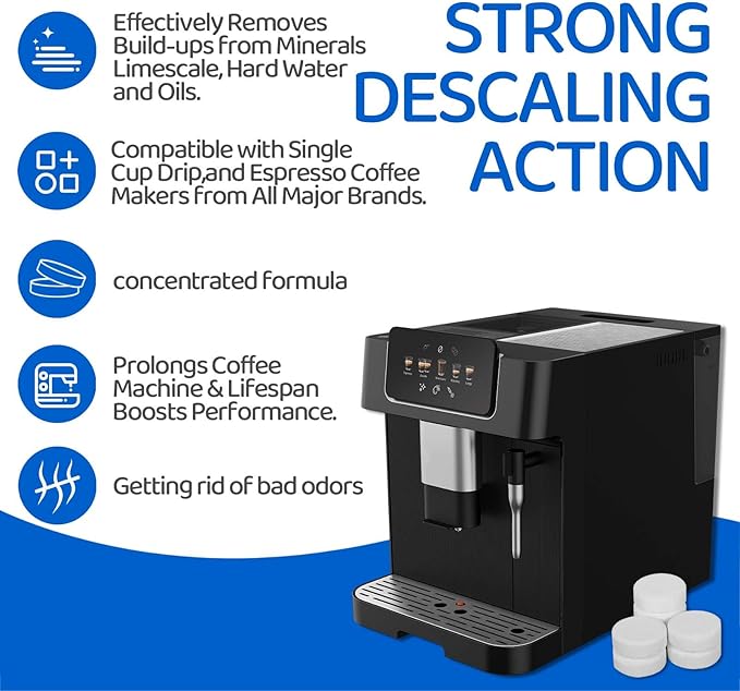 Cozeoa 24 Count Coffee Machine Descaler Tablets - Fast-Acting Effervescent Cleaner for Nespresso, Keurig, DeLonghi, Espresso & Drip Makers, Remove Mineral Deposits & Stains, Plant-Based & Septic Safe