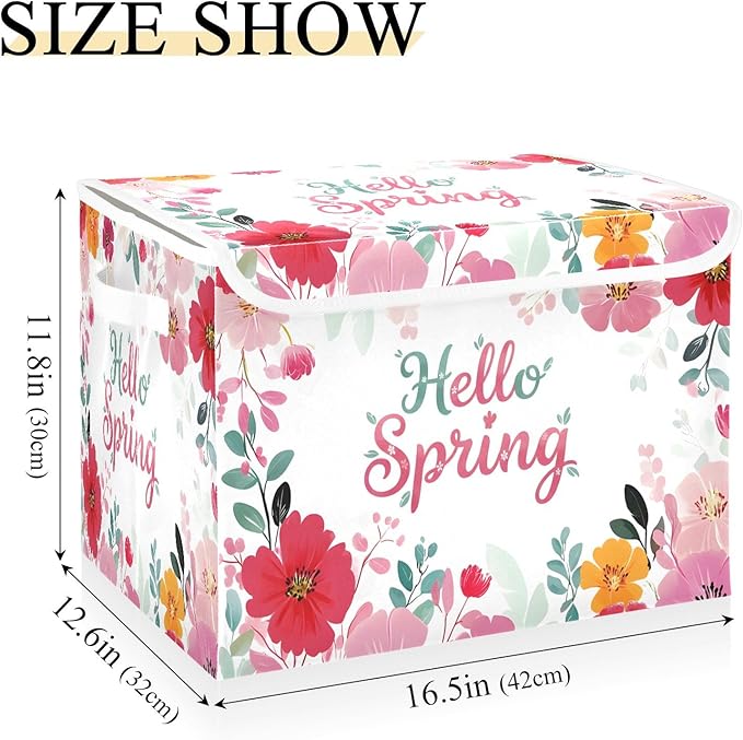 Bolaz Spring Flowers Storage Bins with Lids and Handles, Foldable Storage Box Storage Basket with Cover Collapsible Organizer Containers for Home Closet, Shelves