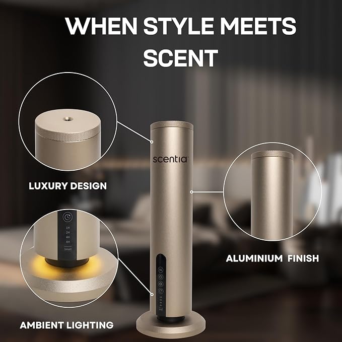 Scentia Hotel Scent Diffuser Starter Kit | Wireless & App Controlled Cold Air Essential Oil Diffuser for Home, Office Spa, Aromatherapy Diffuser | Covers 1500 Sq Ft | Gold | Hotel Oils Included