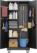 Aobabo Broom Closet Storage Cabinet with 4 Shelves, Garage Storage Cabinet with Wheels for Garage Home, Black, Assembly Required