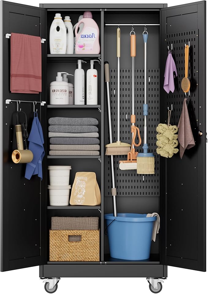 Aobabo Broom Closet Storage Cabinet with 4 Shelves, Garage Storage Cabinet with Wheels for Garage Home, Black, Assembly Required
