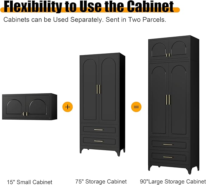 Metal Storage Cabinet with Doors and Shelves, 90" Tall Kitchen Pantry Storage Cabinets with 2 Drawer, Black Pantry Closet, Steel Large Cupboard, High Leveling Feet- Assembly Required