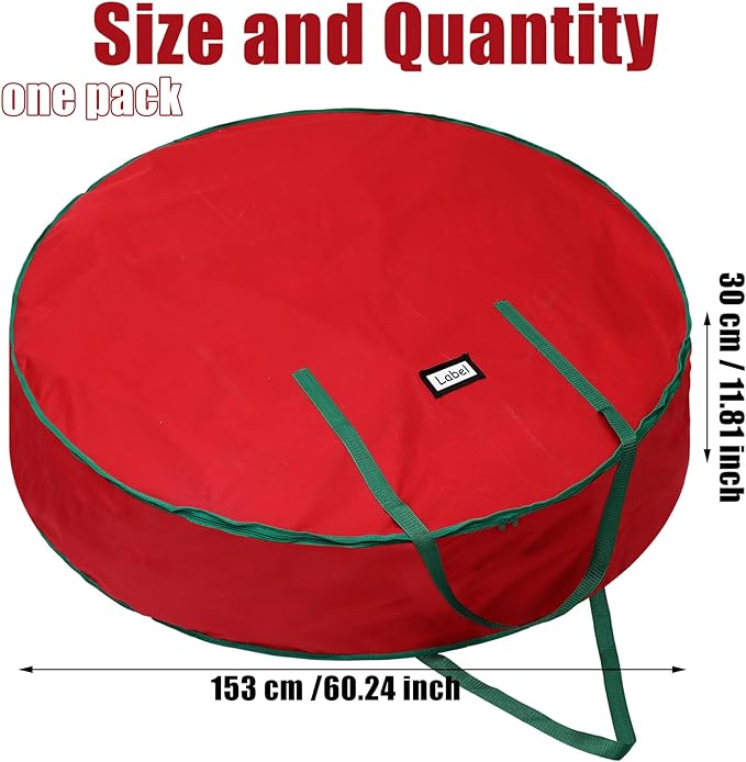 1 Pcs 60" Christmas Wreath Storage Bag Zippered Garland Holiday Container with Reinforced Handle Tear Resistant 600d Oxford Organizer Wreath Holder with Card (Red)