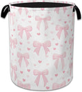 Cute Pink Bow Laundry Basket,Foldable Oxford Cloth Heart Laundry Hamper with Handles, 20.8"x16" Tote Bag Clothes Storage Bucket for Laundry Room/Bathroom/Bedroom/Dormitories