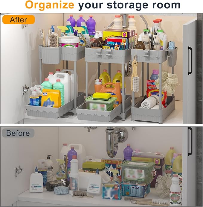 Sevenblue 3 Pack Under Sink Organizers, 2-Tier Multi-Use Kitchen and Bathroom Organizers and Storage with Sliding Drawers，Bathroom Cabinet Organizer (Gray, 14.8 Inch)
