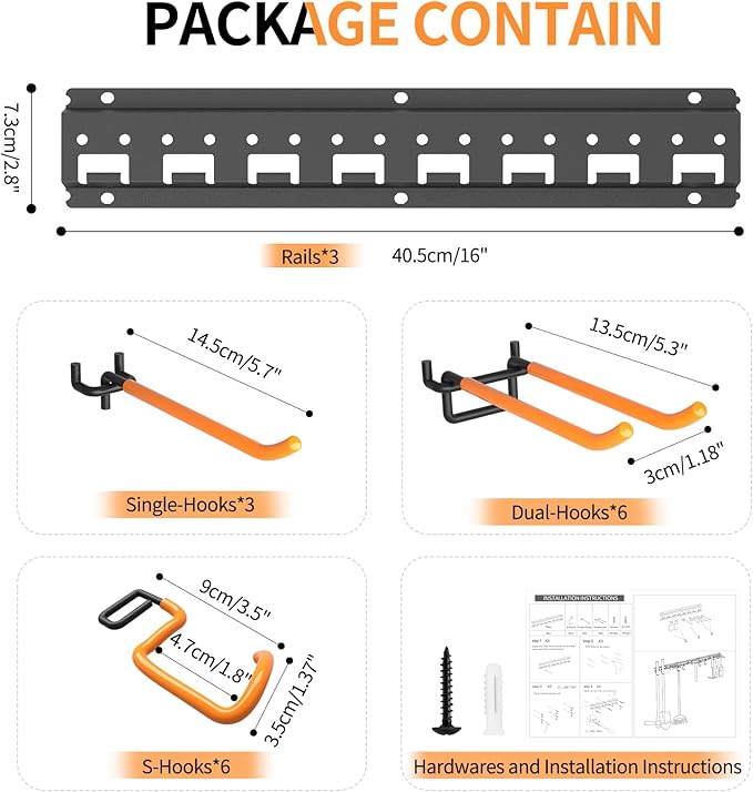 Garden Tool Organizer Wall Mount - Garage Storage and Organization Yard Tool Hanger with Adjustable Pegboard Hooks Shed Rack for Broom Mop Shovel Rake Trimmers, 48 inch Max 550lbs, Black