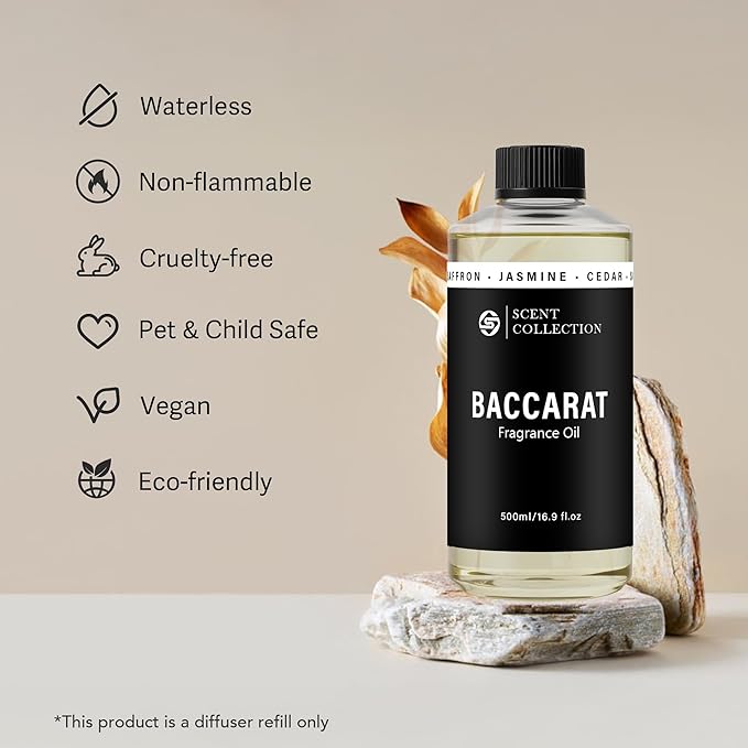 Luxury Hotel Scent Baccarat Diffuser Oil Waterless Essential Aromatherapy for Cold Air & Car Diffusers – Long Lasting Refill for Large Room & Home - Non Toxic,Signature Saffron Cedar(500ml/16.9Fl oz)