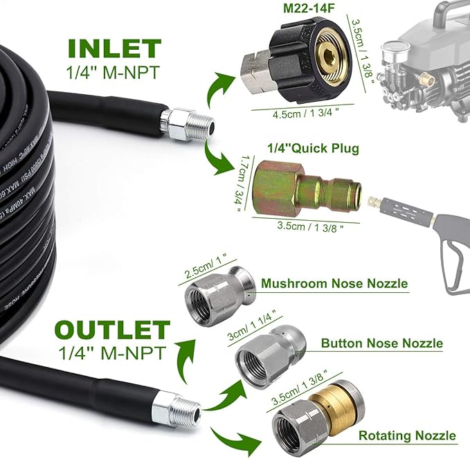 200FT Sewer Jetter Kit for Pressure Washer, 5800PSI Drain Cleaner Hose 1/4 Inch NPT, Corner, Rotating and Button Nose Sewer Jetting Nozzle Waterproof Tape Pearl Corsage Pin with 2Pcs Spanner