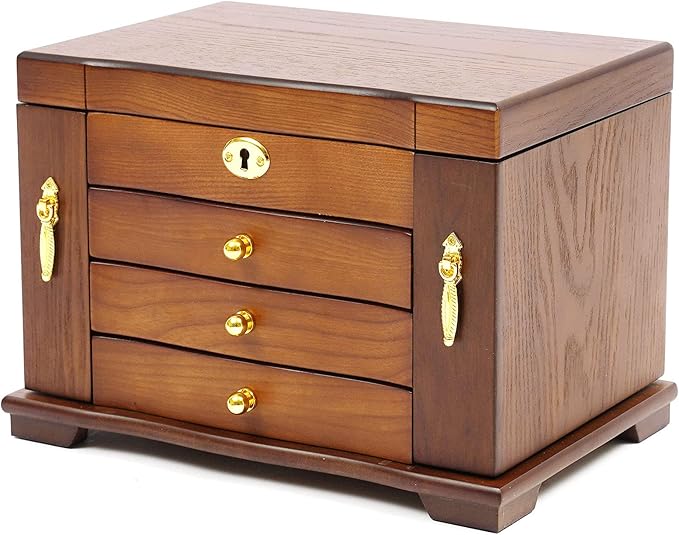 Large Wooden Jewelry Box with Mirror and Lock, 4 Layers Locking Jewelry Organizer, Watches Necklace Ring Storage Box for Women