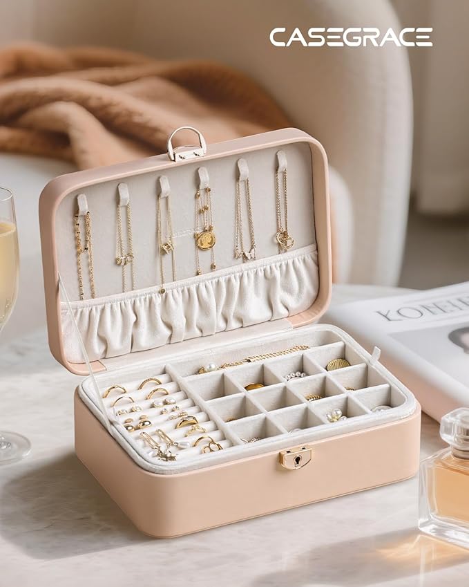 CASEGRACE 2-Layer Jewelry Box with Removable Tray, Portable Jewelry Organizer for Earrings Necklaces Rings, Gift for Women Girls on Birthday Valentine's Day (Amber powder)