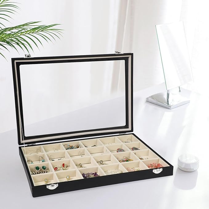 Stratalife Jewelry Tray 24 Grid Earring Organizer with Clear Lid Jewelry Holder Organizer Jewelry Organizer Box Jewelry Storage Crystal Holder For Stones Display (Beige Black)