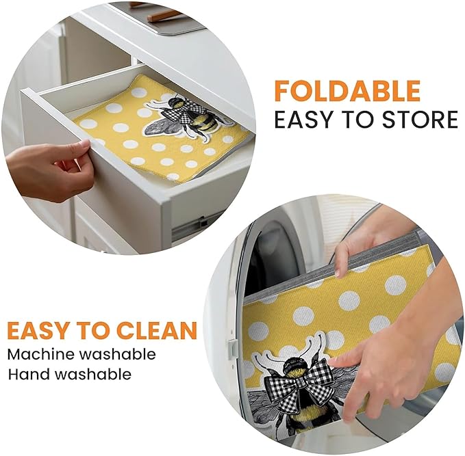 Dish Drying Mat For Kitchen Counter, Yellow Honey Bees Microfiber Absorbent Dish Drainer Rack Pad Reusable Large 18x24in Drying Mat