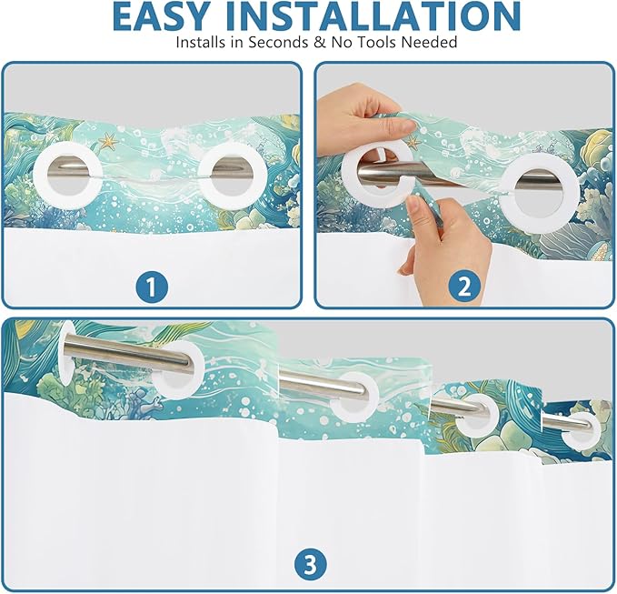 Ocean Theme No Hook Shower Curtain with Snap in Liner, Double-Layer Waterproof Shower Curtains with Mesh Top Window and Weighted Hem, Starfish Coastal Shower Curtain for Bathroom Decor, 71x74 Inches