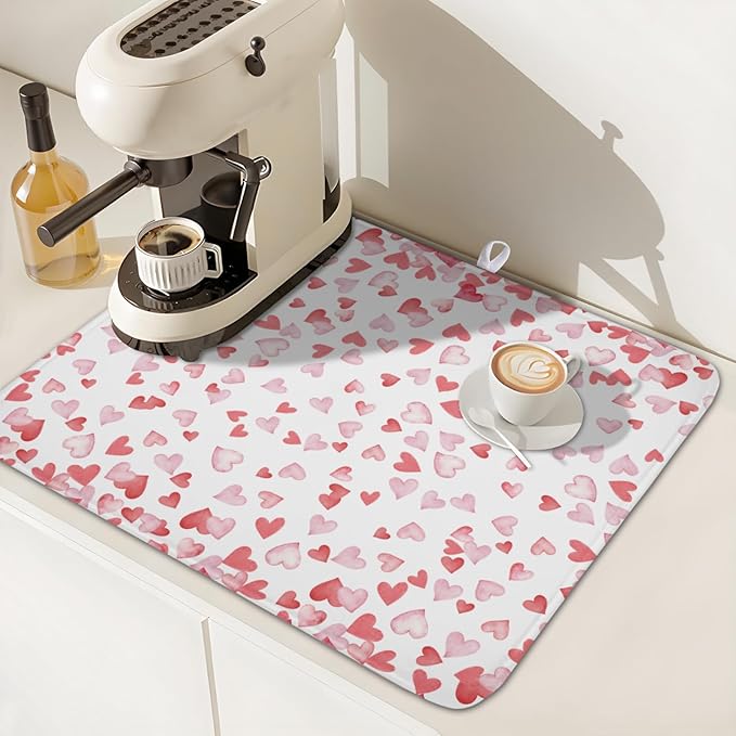 Valentine’s Day Dish Drying Mat for Kitchen Counter 18x16 Inch Watercolor Love Drying Mat with Absorbent Reversible Microfiber Pink Dish Drainer Mats Rack Pad for Coffee Countertop Protector