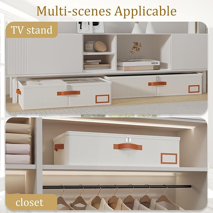 Yawinhe Under Bed Storage, 2 Pack Closet Organizers, Collapsible Container Bags, with Sorting Card Slot and 4 Leather Handles, for Blanket, Bedding, 23.6''Lx11.8''Wx6''H, Beige