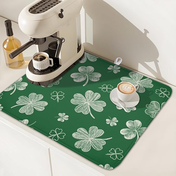 ABSOP St Patrick's Day Dish Drying Mat 16 x 18 Inch Green Shamrock Dish Drainer Rack Mat Absorbent Microfiber Mats for Spring Lucky Clovers Dish Pad for Kitchen Coffee Bar Decor