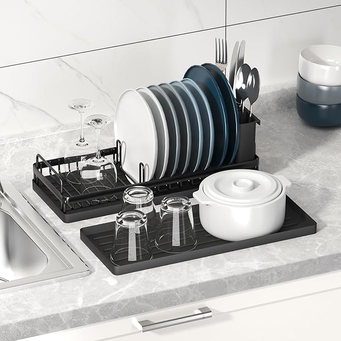 CHLORYARD Small Dish Drying Rack, Compact Sink Dish Drainer Plate Organizer with Utensil Holder and 2pcs Silicone Drying Mats for Kitchen Counter, RVs, Apartments